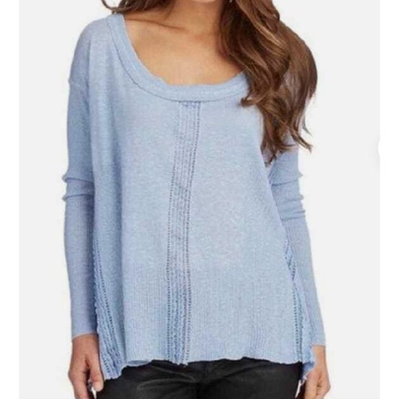 Free People Lace Road Blue Hi Low Sweater Linen Blend Boho Small - Picture 8 of 8